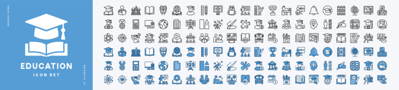 Education icon set. Contains learning, school, book, study, graduation, online, student, cognition, e-learning, training, knowledge, workshop, technology, skill, college, teacher, calculator for web