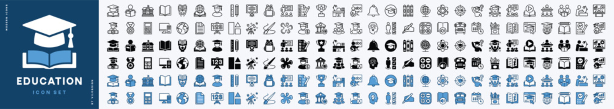 Education icon set. Contains learning, school, book, study, e-learning, student, cognition, graduation, training, knowledge, workshop, technology, college, teacher, calculator for web or mobile app