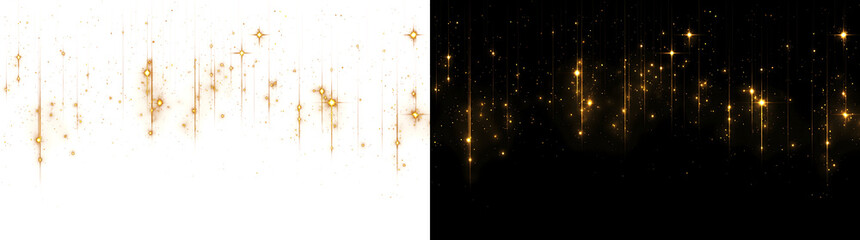 Radiant gold glitter rain falls across a dark backdrop forming a luxurious shimmering pattern ideal for cinematic PNG, Transparent and Black Background Versions © Crafter