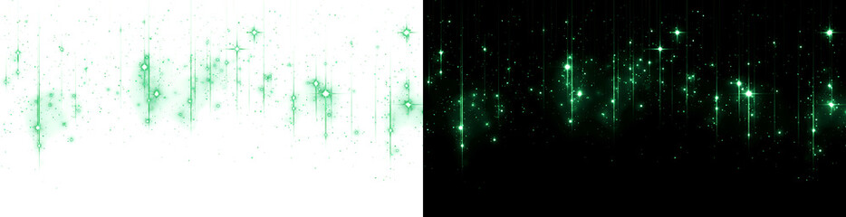Glowing green sparkle particles fall like digital rain across a dark backdrop creating a magical effect for PNG, Transparent and Black Background Versions © Crafter