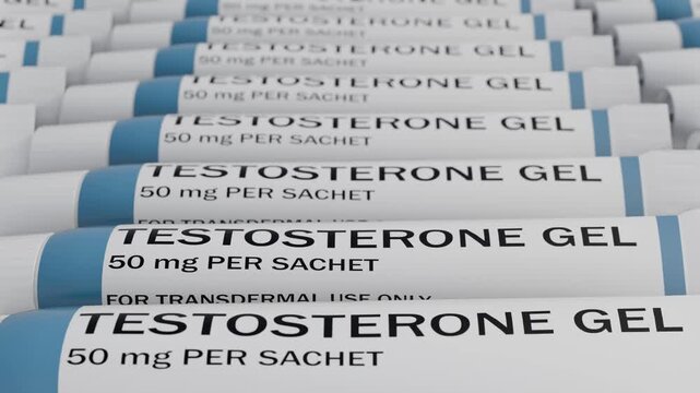 A close-up camera pan moving steadily across white sachets labeled "TESTOSTERONE GEL 50 mg PER SACHET" stacked in parallel; 3d animation.