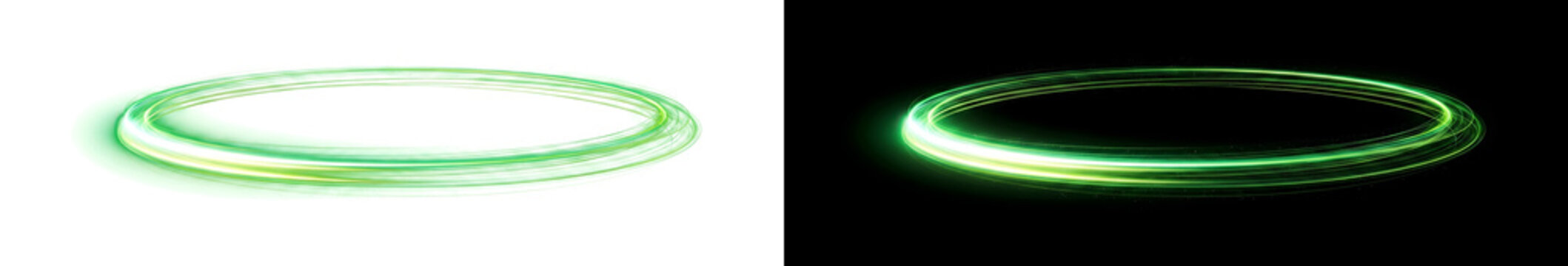 Bright green energy ring forms a flat elliptical orbit with layered particle trails against a dark backdrop for PNG, Transparent and Black Background Versions