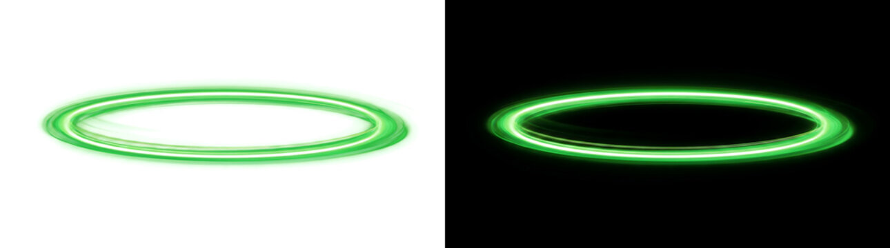 Radiant green energy ring forms a flat elliptical orbit with a crisp glowing edge against a dark backdrop for PNG, Transparent and Black Background Versions