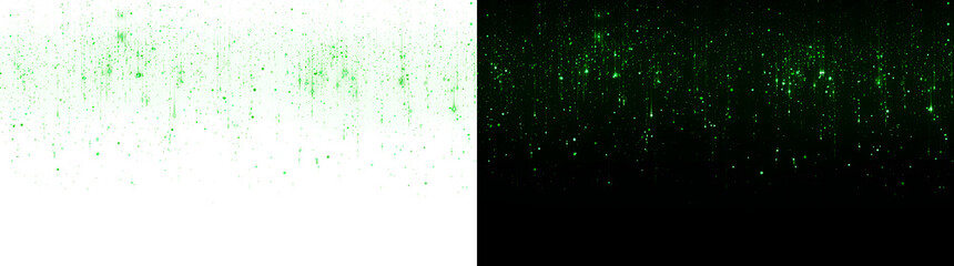 Dense green glitter rain drips across a dark backdrop forming a glowing digital pattern ideal for cinematic PNG, Transparent and Black Background Versions © Crafter