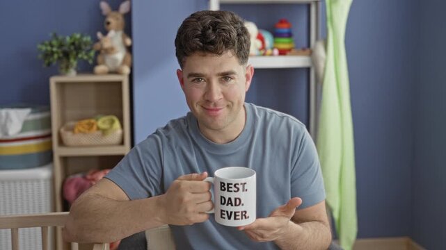 Man holding coffee mug labeled best dad ever and gripping crib rail in nursery; fatherhood contentment morning.