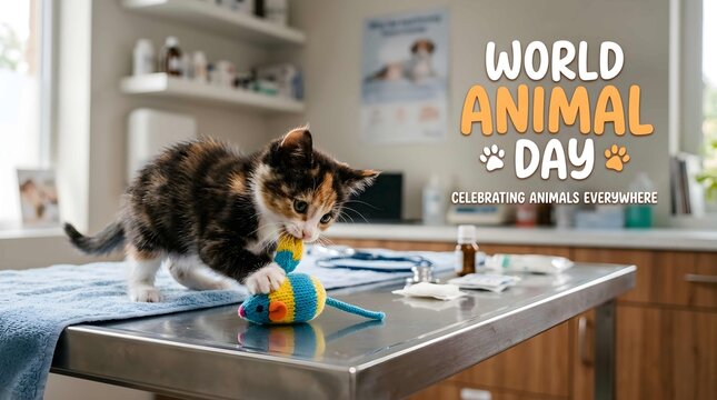 Cute kitten playing with toy on veterinary table for World Animal Day celebration.