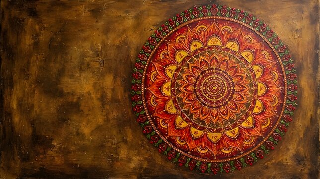 Traditional indian mandala art painting with warm golden and red tones, featuring intricate circular patterns and textured details on a canvas background