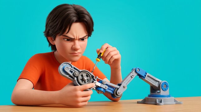Teen assembling robotic toy arm with concentration at a work table  