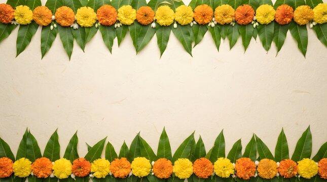 Traditional indian festive background with mango leaves and marigold flowers arranged in horizontal borders on a textured cream surface