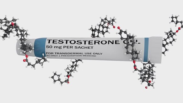A 3d animation of pharmaceutical tube labeled "TESTOSTERONE GEL 50 mg PER SACHET" surrounded by 3D testosterone molecular models floating on a clean white background.
