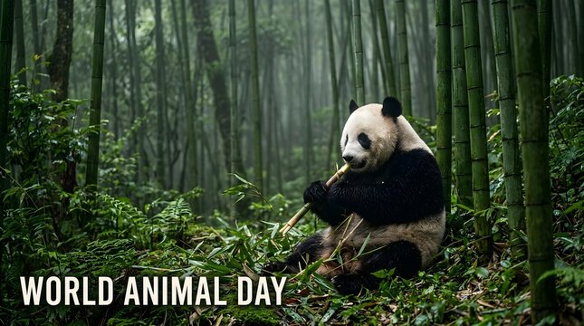Giant panda eating bamboo in a dense green forest for World Animal Day conservation awareness banner