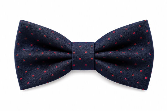Elegant navy blue bow tie with red polka dot pattern isolated on white background for formal fashion and wedding accessory design