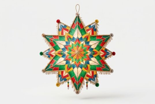 Traditional Filipino Christmas Parol Star Lantern with Colorful Geometric Patterns Isolated on White Background