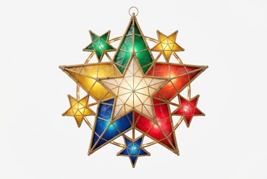 Traditional Filipino Christmas Lantern Parol with Colorful Capiz Shells and Internal Lights Isolated on White Background