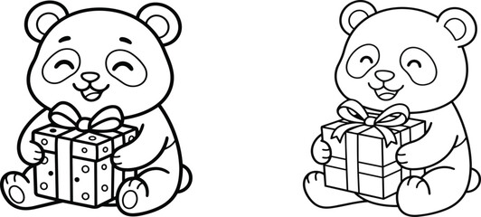Adorable panda bear cub holding a gift box in a charming hand drawn style illustration © Saiful