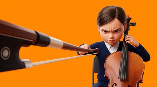 Girl preparing to bow cello with an intense expression against orange background  