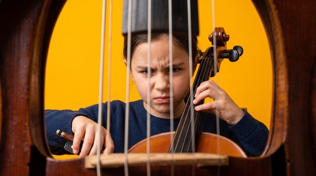 Young girl preparing to bow cello with a focused expression  