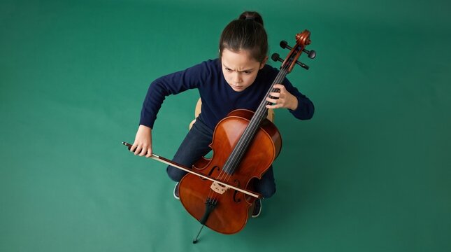 Girl preparing to bow cello while sitting on a chair with focus  