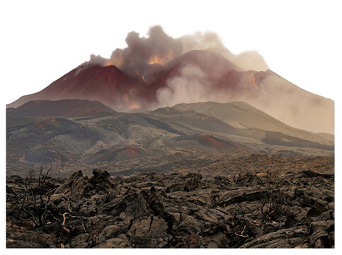 Erupci&oacute;n de un volc&aacute;n activo expulsando columnas de humo y ceniza sobre un campo de lava negra y rocas volc&aacute;nicas, aislado sobre fondo blanco.