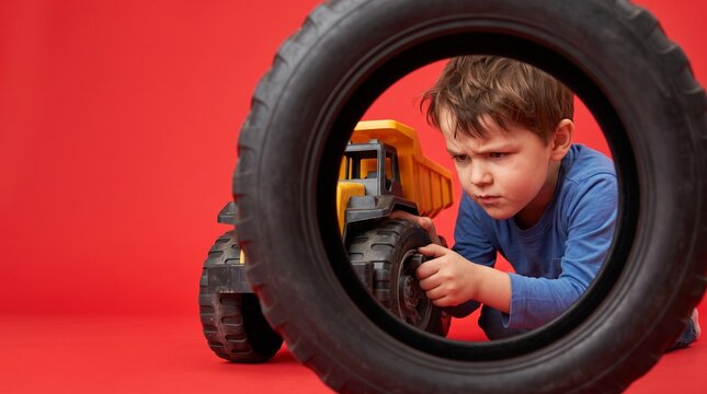 Boy inspecting wheels on toy truck through tire on red background  