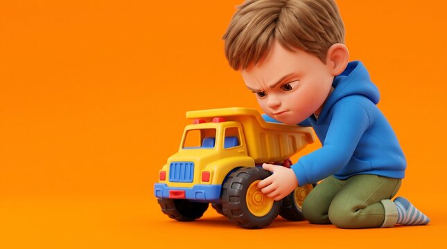 Boy inspecting wheels on toy truck with a focused expression  