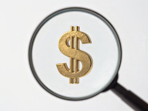 s&iacute;mbolo de d&oacute;lar dorado, suspendido en el aire por una delicada lupa que lo observa