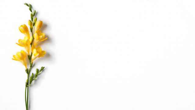 Yellow freesia flower stem isolated on white background with copy space for floral greeting cards