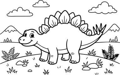 A cute cartoon stegosaurus dinosaur standing in a prehistoric landscape for children to color in a fun activity book © Saiful