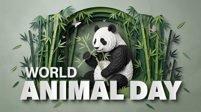 Giant panda in bamboo forest paper cut art for World Animal Day celebration