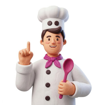 Amigable chef de dibujos animados en 3D con gorro blanco y pa&ntilde;uelo rosa, se&ntilde;alando una idea con el dedo mientras sostiene una cuchara, sobre un fondo blanco aislado.