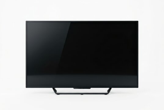 Modern Black Flat Screen Smart TV with Minimalist Stand Isolated on White Background for Home Entertainment and Media