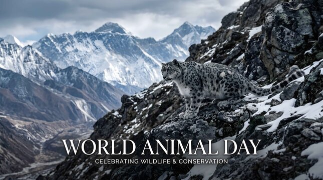 Snow Leopard Perched on Rocky Mountain Peak for World Animal Day Wildlife Conservation Awareness