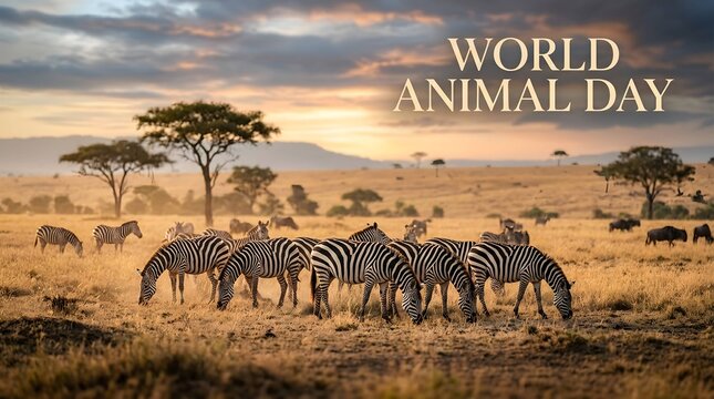 Herd of Zebras Grazing in African Savanna at Sunset with World Animal Day Text Greeting Background