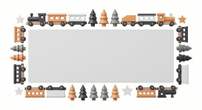3D toy style wooden train and pine tree rectangular frame with copy space