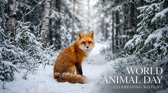 Red Fox in Snowy Forest for World Animal Day Celebration, Beautiful Wildlife in Winter Background