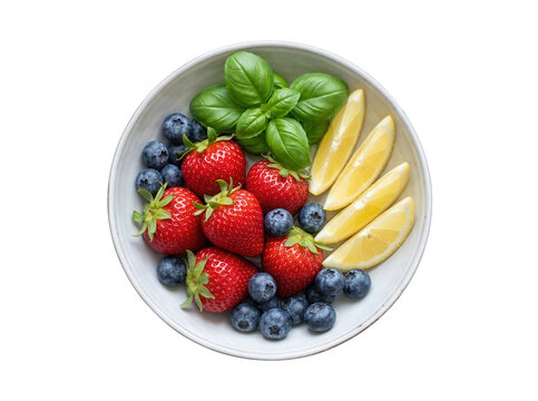 Un taz&oacute;n de cer&aacute;mica con una mezcla fresca de fresas rojas, ar&aacute;ndanos azules, gajos de lim&oacute;n amarillo y hojas de albahaca verde sobre un fondo blanco, vista cenital de comida saludable.