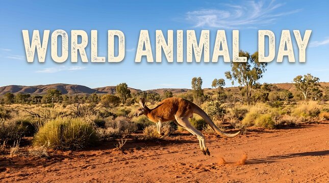 World Animal Day banner with a red kangaroo jumping through the Australian outback landscape.