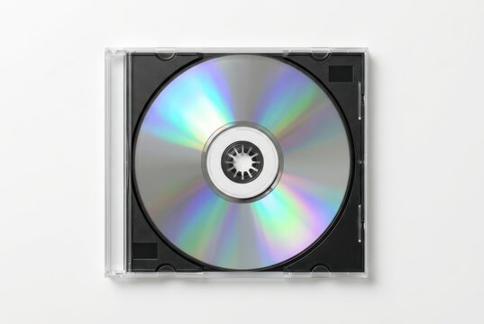 Compact Disc in Open Black Jewel Case with Iridescent Rainbow Reflection on White Background