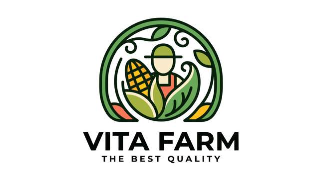 Minimalist circular farm logo design with farmer and corn.