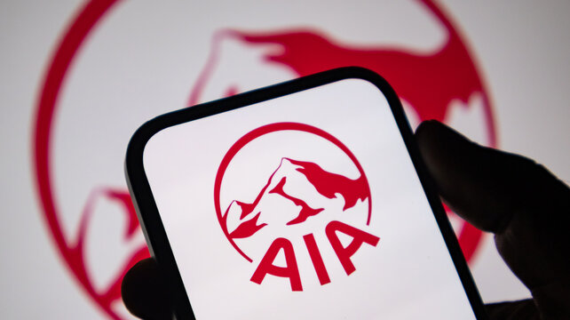 AIA Group logo featuring red mountain emblem on white smartphone screen.