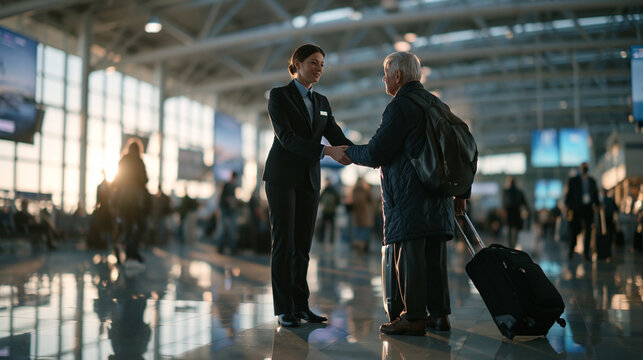 Airport Staff Assisting Senior Passenger with Luggage in Terminal