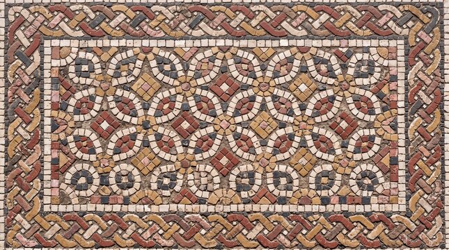 Ancient Roman Stone Mosaic with Geometric Pattern and Border