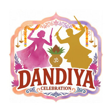 Dandiya Celebration - 3D typography with festive couple playing dandiya under colorful arch, isolated on white.