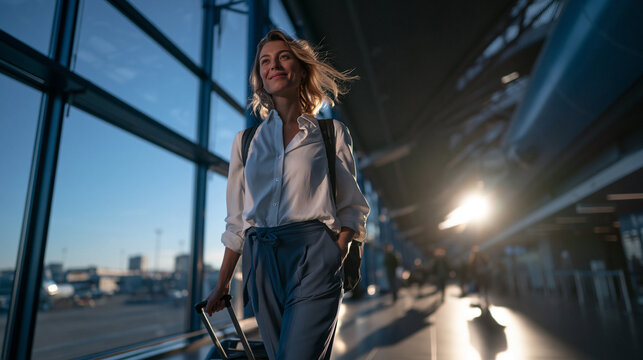 Happy Businesswoman Walking with Suitcase in Airport Terminal