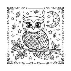 Fototapeta premium Cute Owl On Branch Coloring Page For Kids Vector Illustration