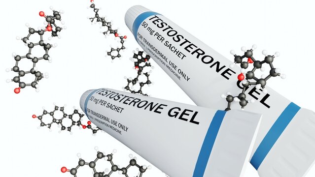 A 3d pharmaceutical testosterone gel sachets with floating chemical molecular models. A representation of endocrinology, drug formulation, and hormone therapy.