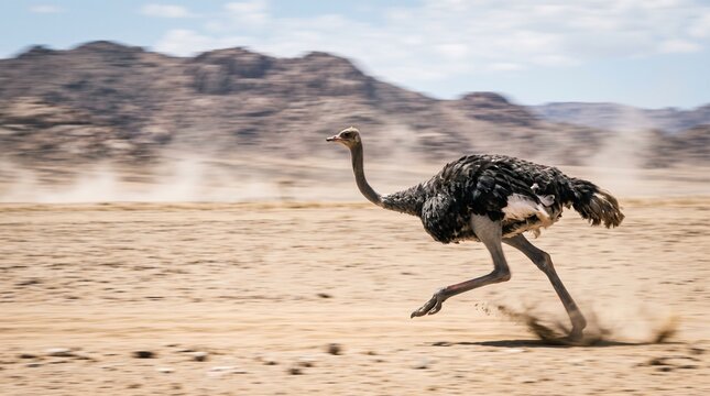 Ostrich Running at High Speed Across Desert