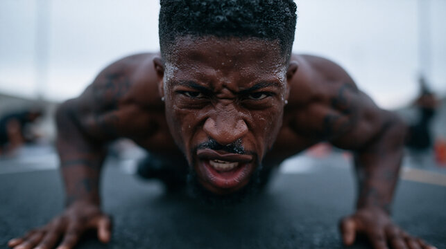 Determined Muscular Athlete Doing Intense Push-Ups Outdoors