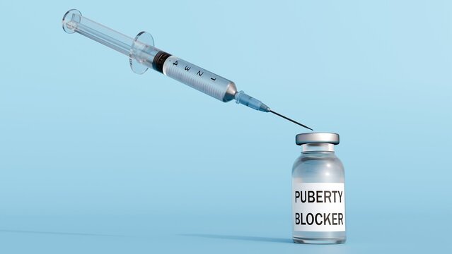 A 3d syringe paired with a labeled puberty blocker vial. A representation of injectable hormone therapy, clinical administration, and pediatric endocrinology.