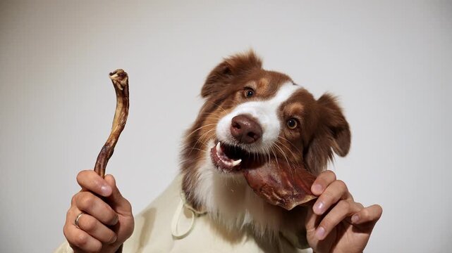 Red tricolor Australian Shepherd gnaws a dried pig ear while a bull pizzle is held in the other hand. Funny pet chew footage for natural snacks, dental care and advertising